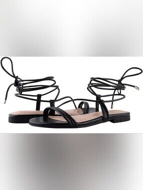Lace-Up Black Strappy Flat Sandals